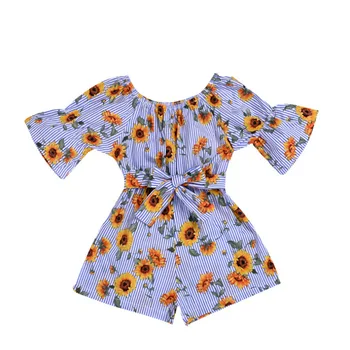 0-5T Lete výber módny butik Slnečnice Vytlačené Modré Pruhované Dievčenské Jumpsuit Baby Šaty Bowknot Romper Lezenie 4