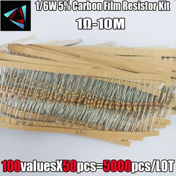 1/6W 5% 1R~1M 100valuesx50pcs=5000pcs Uhlíka Film Odpor Najrôznejších Auta