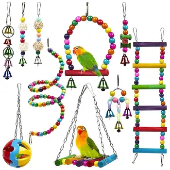 10 Pack Vtáčie Klietky, Hračky pre Papagáje Spoľahlivý a Žuvacie - Swing Visí Žuvanie Skus Most Drevené Korálky Guľa Bell Hračky 8