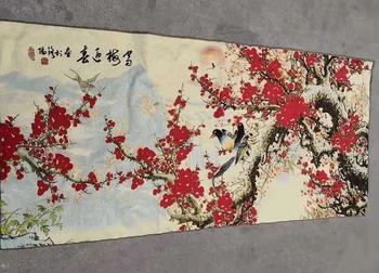 140x60cm / Čínsky hodváb výšivky Kvety maľba - Krásne Červené Slivkové Kvety 15