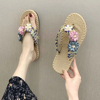 2020 hot predaj dámske ležérne papuče ručné handričkou kvetinová výzdoba PU spodnej retro štýl dovolenky študent žena papuče 3