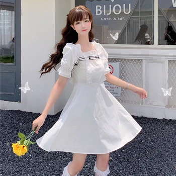2020 Nové Letné Japonské Sladké Biele Šaty Krátke-Výška Lístkového Rukáv Námestie Golier Pás Objímanie lolita šaty víla šaty 12