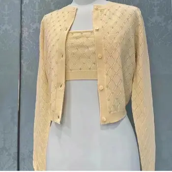 2022 Jeseň Zima Nové Vlnené Knitwear Svetre Coats Žltá Luxusné Lištovanie Sladké Svetlé Málo Vesty Ženy Topy 15