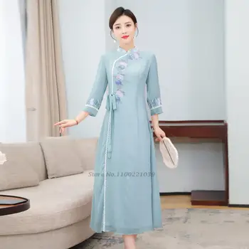 2022 vintage žena cheongsam šaty tradičnej čínskej qipao elegantný kvetinové výšivky vintage šaty čaj šaty šaty cheongsam
