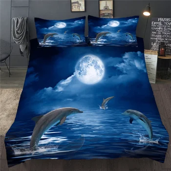 3D Dolphin Tlač posteľná bielizeň Nastaviť Modré More Zvierat Noc Mesiac Kráľovná King Size Perinu Nastaviť jednoduché Dvojité Obliečky Pre Dieťa Dieťa 9