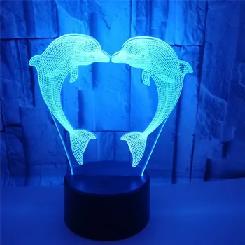 3D nočné Svetlo Dva delfíny, USB Nabíjanie Dotykový Spínač Lampa 7 Farebné Deti Nočné Svetlo Teplé Kvapka Loď Novinka Dary 7