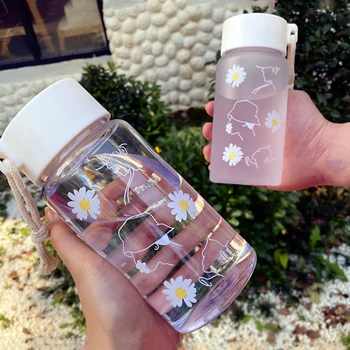 450ml Malé Daisy Transparentných Plastových Fliaš Vody BPA Free Tvorivé Matné Fľaša na Vodu S Prenosné Lano Cestovné Šálku Čaju 7
