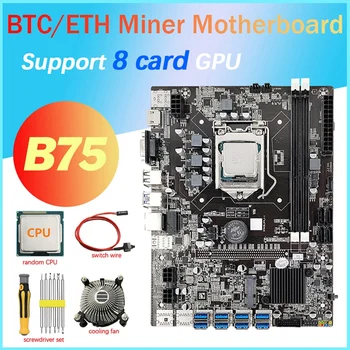 8 Karta B75 GPU Ťažba Doska+CPU+Chladiaci Ventilátor+Skrutkovač+Switch Kábel 8X USB3.0(PCIE) LGA1155 pamäte DDR3 MSATA BTC Baník 16