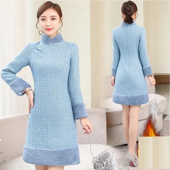 Bavlna čalúnená Čínsky štýl, dlhý rukáv elegantné pribrala teplé upravené vintage šaty s bavlnou cheongsam na jeseň zima 13
