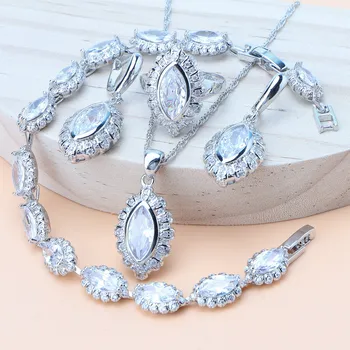 Biely Zirkón Šperky Sady Svadobné 925 Sterling Silver Náramky, Náušnice, Prstene Prívesok Svadobný Náhrdelník Šperky Set Pre Ženy 7