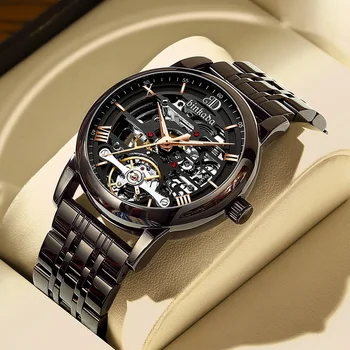 Binkada Luxusné pánske Hodinky Módne Mechanické Hodinky svetelný Automatické hodinky pre mužov Business ocele kapela Hollow MAN Náramkové hodinky 18