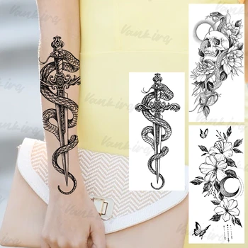 Black Snake Meč Dočasné Tetovanie Pre Ženy, Dievčatá Realistické Lebky Kvet, Motýľ Falošné Tetovanie Nálepky Rameno, Pás Tatoos Veľká