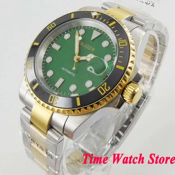 Bliger 40 mm Miyota 8215 automatické náramkové hodinky mužov zafírové sklo nepremokavé zlato oceľ náramok zelený dial svetelný dátum 143 2
