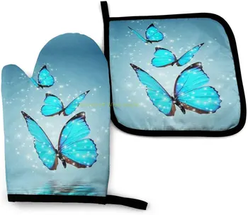 Blue Butterfly Rúra rukavice bez Prstov a Pot Držiaky Sady Kuchyňa žiaruvzdorné Rúra Rukavice pre BBQ Varenie, Pečenie Grilovanie