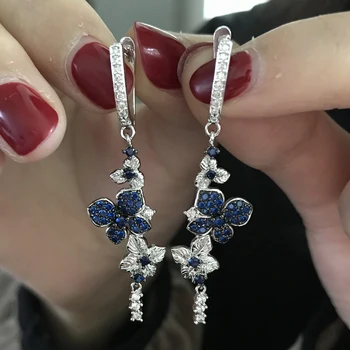 Blue&Čierny Kvet Dizajn Zirkón Visieť Náušnice Pre Ženy Ručné Smalt Náušnice, Módne Svadobné Šperky 8