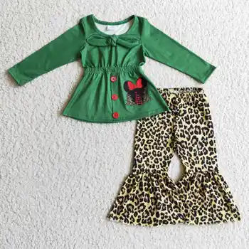 Boutique Dievčatá Vianočný Stromček Oblečenie Batoľa Zelená Leopard Oblečenie Bell Spodnej Časti Nohavice Deti Cartoon Oblečenie Nový Dizajn Sady 16