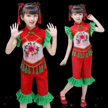 Detské Yangge tanečné kostýmy dievčatá slávnostné národného tanca Nový Rok Deň detí tanečnej scény výkon oblečenie 4