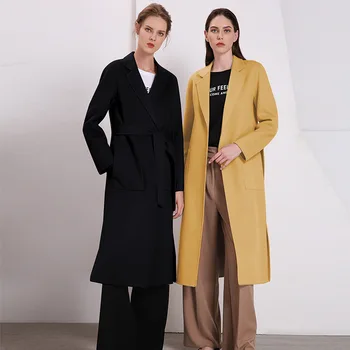 dlho vlnené zmesi cashmere coats ženy 2019 jeseň zimné dámske bundy plus veľkosť kabát obojstranná čierna žltá móda 4