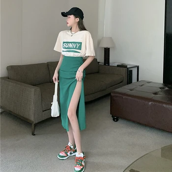 Dlhé Sukne Ženy 2021 Nové Letné Šaty Kórejská Verzia Slim Slim Vysoký Pás Taška Hip Sukne Dizajn Skladaná Sukňa 1