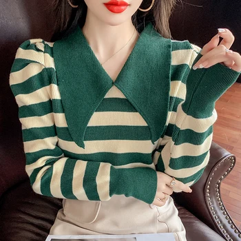 Dámske Zelené Prekladané Pliesť Svetre pre kórejský Módne Trendy Oblečenie Dievčat Peter Pan Golier Pulóver Topy Streetwear