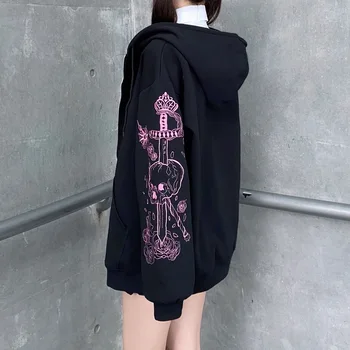 E-dievča Čierna Mikina na Zips-up Long Sleeve Nadrozmerná Hoodies Jeseň Zimný Kabát Ženy Gotický Tlač Bundy Žena Grunge Oblečenie