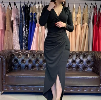 Elegantné Dlhé Čierne Saténové Večerné Šaty s Prednej Otvorom na Zips Späť tvaru Skladaný Abendhttpder Formálne Party Šaty pre Ženy