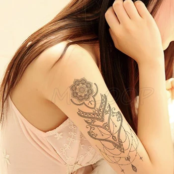 Falošné tetovanie motýľ pierko mandala náhrdelník kvet strane kapela tetovanie nálepky veľká veľkosť čierne body art tatto pre ženy, dievča mužov