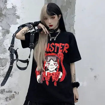 Fernan Gotický Graffiti Anime Print Graphic Tee Y2k Kawaii T-shirts Wom0en Japonskom Štýle 2021 E Dievča Nadrozmerné Hip Hop Mall Goth 14