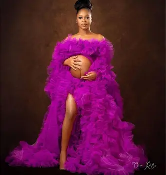 Fialová Rozstrapatené Materskej Šaty pre Fotografovanie Ramena Viazané Sukne Tehotenstva Ženy Šaty Babyshower župane 4