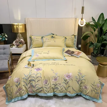 Francúzsky Štýl Luxusné Útulný Egyptskej Bavlny Palác posteľná bielizeň Nastaviť Kvety Výšivky Hodvábne Obliečky Kryt Posteľná Bielizeň, obliečky na Vankúše 4PCS