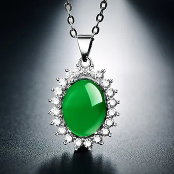 FYJS Unikátne Strieborné Pozlátené Oválny Tvar Zelená Agates Prívesok Reťazí Náhrdelník pre Ženy Kúzlo Šperky 14