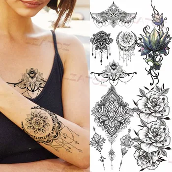 Geometrické Mandala Kvet, Mesiac, Slnko, Dočasné Tetovanie Pre Ženy, Dospelých Rose Lotus Realistické Falošné Tetovanie Predlaktie Prenos Tatoos 9