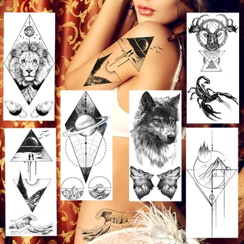 Geometrické Planét Lev Dočasné Tetovanie Falošné Black Wolf Elk Scorpion Tatoos Pre Dospelých Body Art Tetovanie Módne Nepremokavé Nálepky 15