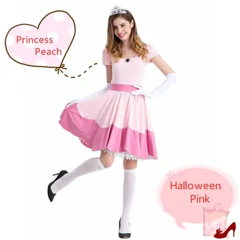 Halloween Kostým Pre Ženy, Super Mario Brothers Princezná Peach Cosplay Šaty Rukavice Koruny Sladký Ružový Oblek 12