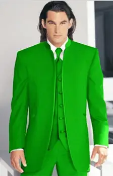 Hot Predaj šité na mieru Prispôsobené pánske oblek na MIERU, Zelená Madarin Golier koniarov mužov tuxedos (Bunda+Nohavice+Vesta)14012305