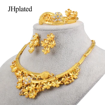 Indický Luxusný zlatá farba Šperky sady Dubaj Afriky nevesta svadobné collares Náhrdelníky náušnice, prsteň náramok set pre ženy, darčeky 11
