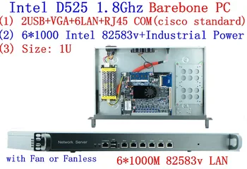 Intel D525 1U Rack Uši Sieťový Server s 6*Intel 8253V 1000M LAN podpora SNSĽP PFSense Panabit Wayos Barebone PC router