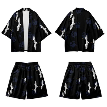 Japonský Cardigan Ženy Muži Cosplay Voľné Haori Tradičné Žeriav Tlač Harajuku Čierne Kimono Šortky Sady Dvoch-dielny Oblek Yukata 15
