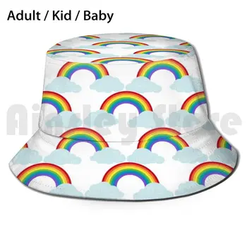 Jednoduché Dúha A Cloud Vzor Vedierko Hat Dospelá dieťa dieťa Pláž, Slnko Klobúky Rainbow dažďové kvapky Dažďa Cloud Roztomilý Mraky Počasie