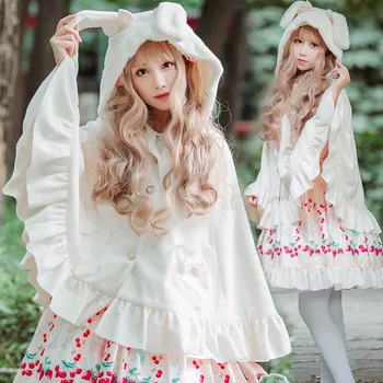 Jesenné zimné japonské sladké lolita vlnené plášť roztomilý králik uši bowknot vrecká plus velvet zahustiť gothic lolita kabát cosplay 6