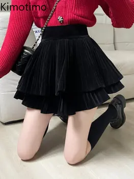 Kimotimo Retro Velvet Skladaná Sukňa Ženy Jar New Black Vysoký Pás Riadok Mini Sukne Kórejský Módne Všetkých Zápas Slim Oblečenie 4