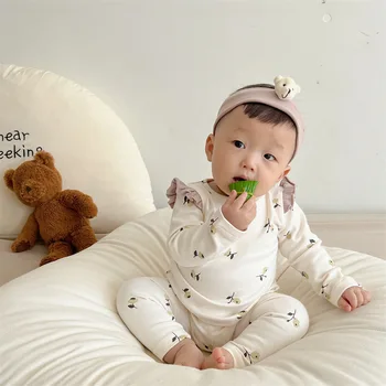 Kórejský Bavlna, Dlhý Rukáv Novorodenca Top Nohavice, oblečenie pre voľný čas Nastaviť Babe Sleepwear Tlač na Kvetinový Dievča Baby Dvoch-dielny Set Detská Pyžama 15