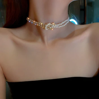 Kórejský Štýl Crystal Pearl Choker Náhrdelníky pre Ženy s Krátkym Reťazcom Drahokamu Náhrdelníky Vyhlásenie Šperky 4