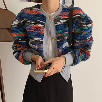 Kórejský Štýl Elegantné O-krku Panelled Vesty na Jeseň Fashion Singel svojim Kabát Voľné Farebné Pruhy Ženy Sveter 5