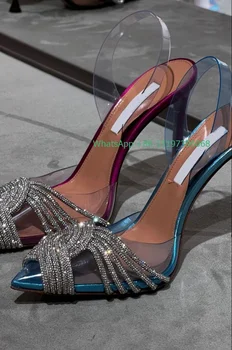 Lady ukázal prst diamond papuče sexy slingback PVC transparentné dizajn sandále hot pink drahokamu svadobné topánky, obuv veľkosť 15