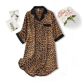 Letné Leopard Nightgown Ženy Klope Sleepshirt Plný Tiket Satin Nightdress Femme Voľné Nightshirt Bežné Plavky Domáce Oblečenie