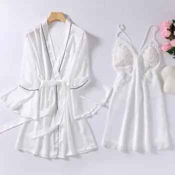 Letné Ženy Kimono Župan Šaty Sexy Duté Z Čipky Biele Svadobné Šaty, Nastaviť Sleepwear Mäkké, Tenké Faux Hodváb Nightgown Domáce Oblečenie 8