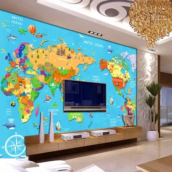 Mapa sveta 3D Photo nástenné Maľby pre Deti Izba Osobné Tapety Cartoon Detí Dieťa Obývacia Izba abstraktných de parede Modrá