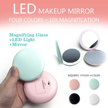 Mini 10X Zväčšiť HD Prenosné Svetlá LED make-up Zrkadlo Ruke Držať Skladacia 12 Led Vrecku make-up Zrkadlo Svetlo Krásy Kozmetické Nástroj