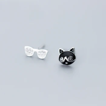 MloveAcc Cool Čierna Mačka a Okuliare Stud Originálne Náušnice 925 Sterling Silver Ženy Náušnice Šperky 12